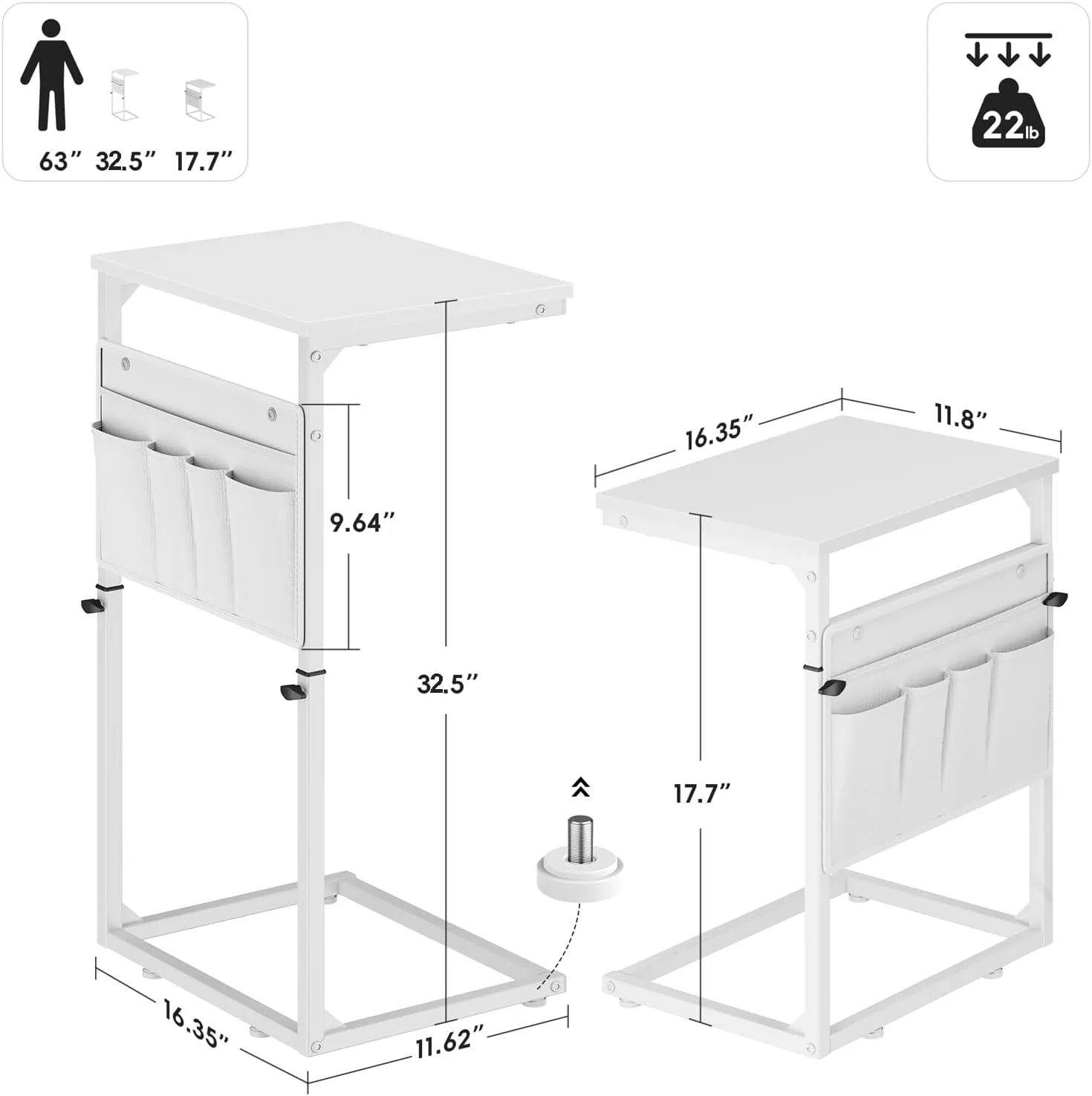 Vagusicc C Shaped End Table, 33" Tall Side Table for Couch, Adjustable Height Small Couch Side Table for Small Spaces, C Table End Table Slide Under Sofa Table TV Tray for Living Room Bedroom, White