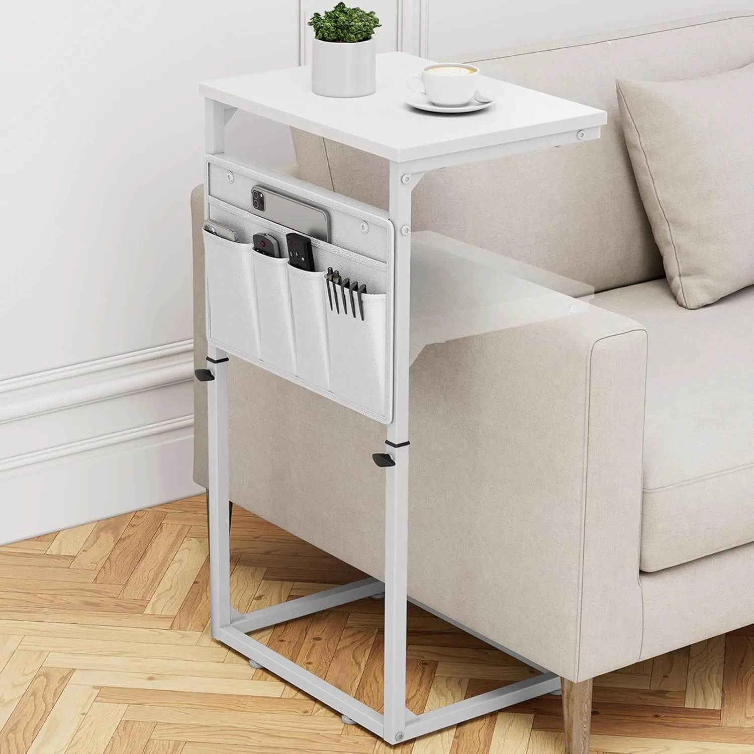 Vagusicc C Shaped End Table, 33" Tall Side Table for Couch, Adjustable Height Small Couch Side Table for Small Spaces, C Table End Table Slide Under Sofa Table TV Tray for Living Room Bedroom, White