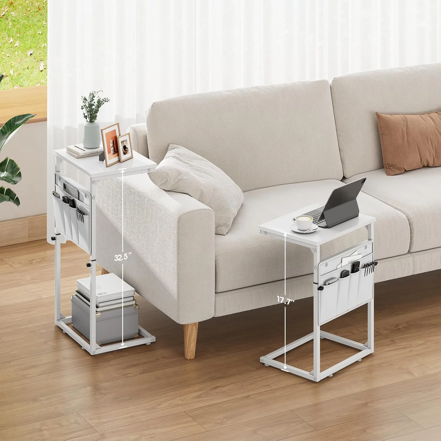 Vagusicc C Shaped End Table, 33" Tall Side Table for Couch, Adjustable Height Small Couch Side Table for Small Spaces, C Table End Table Slide Under Sofa Table TV Tray for Living Room Bedroom, White