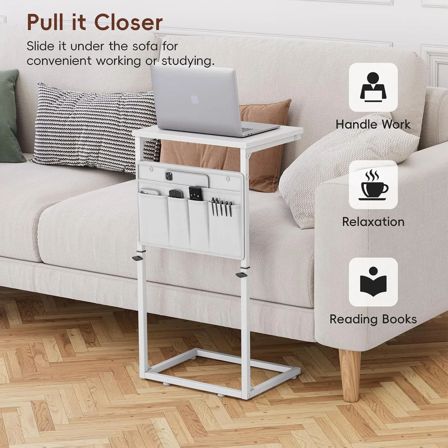 Vagusicc C Shaped End Table, 33" Tall Side Table for Couch, Adjustable Height Small Couch Side Table for Small Spaces, C Table End Table Slide Under Sofa Table TV Tray for Living Room Bedroom, White