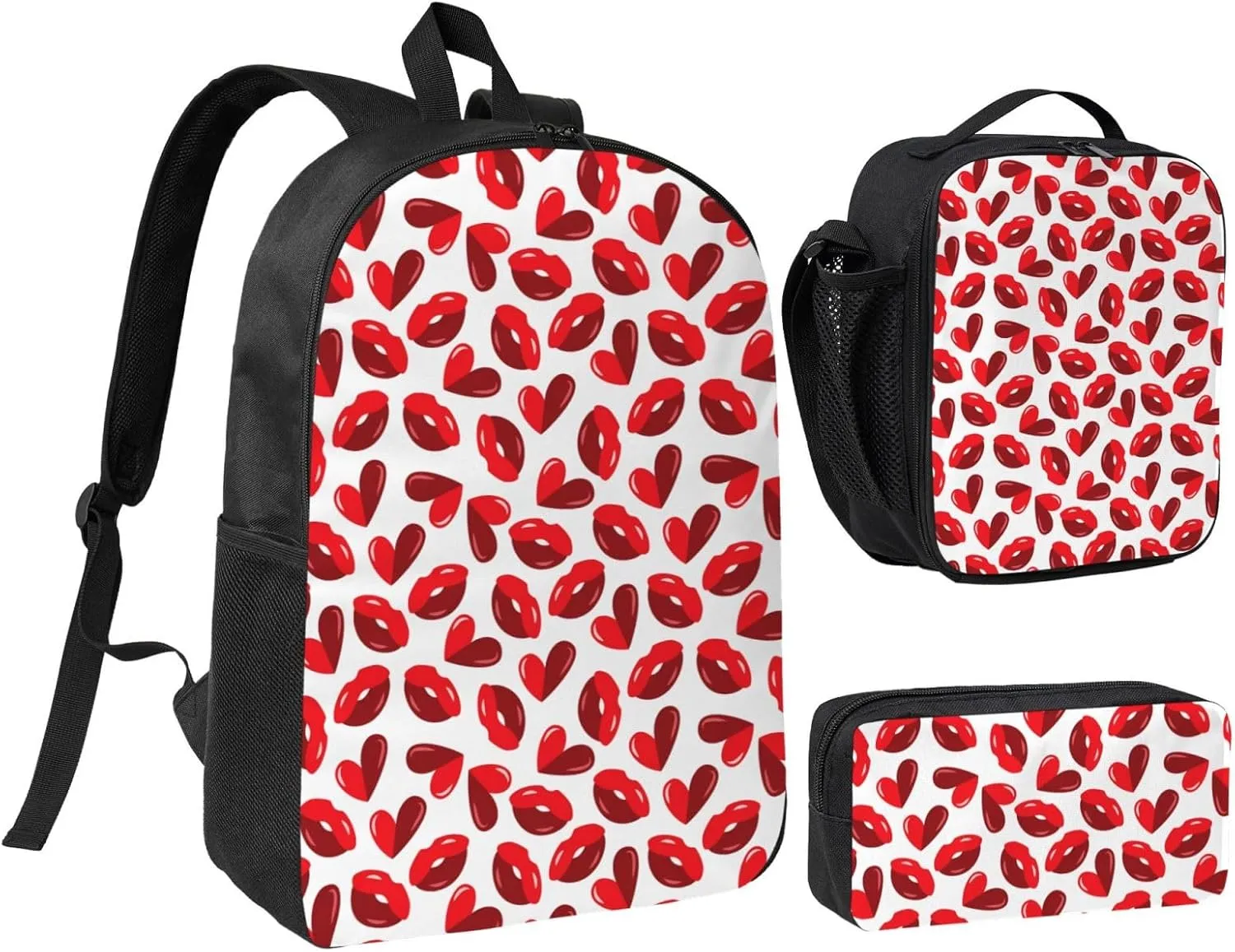 Valentine's Day Lips Hearts Backpack Crossbody Lunch Bag Pencil Case 3Pcs Set Lightweight Double Shoulder Bag With Insulated Lunch Box Pen Bags