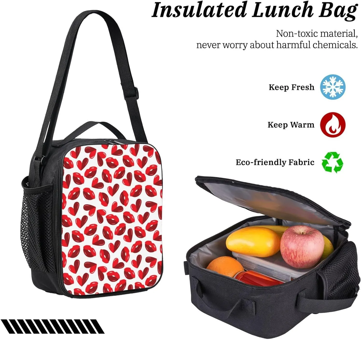 Valentine's Day Lips Hearts Backpack Crossbody Lunch Bag Pencil Case 3Pcs Set Lightweight Double Shoulder Bag With Insulated Lunch Box Pen Bags