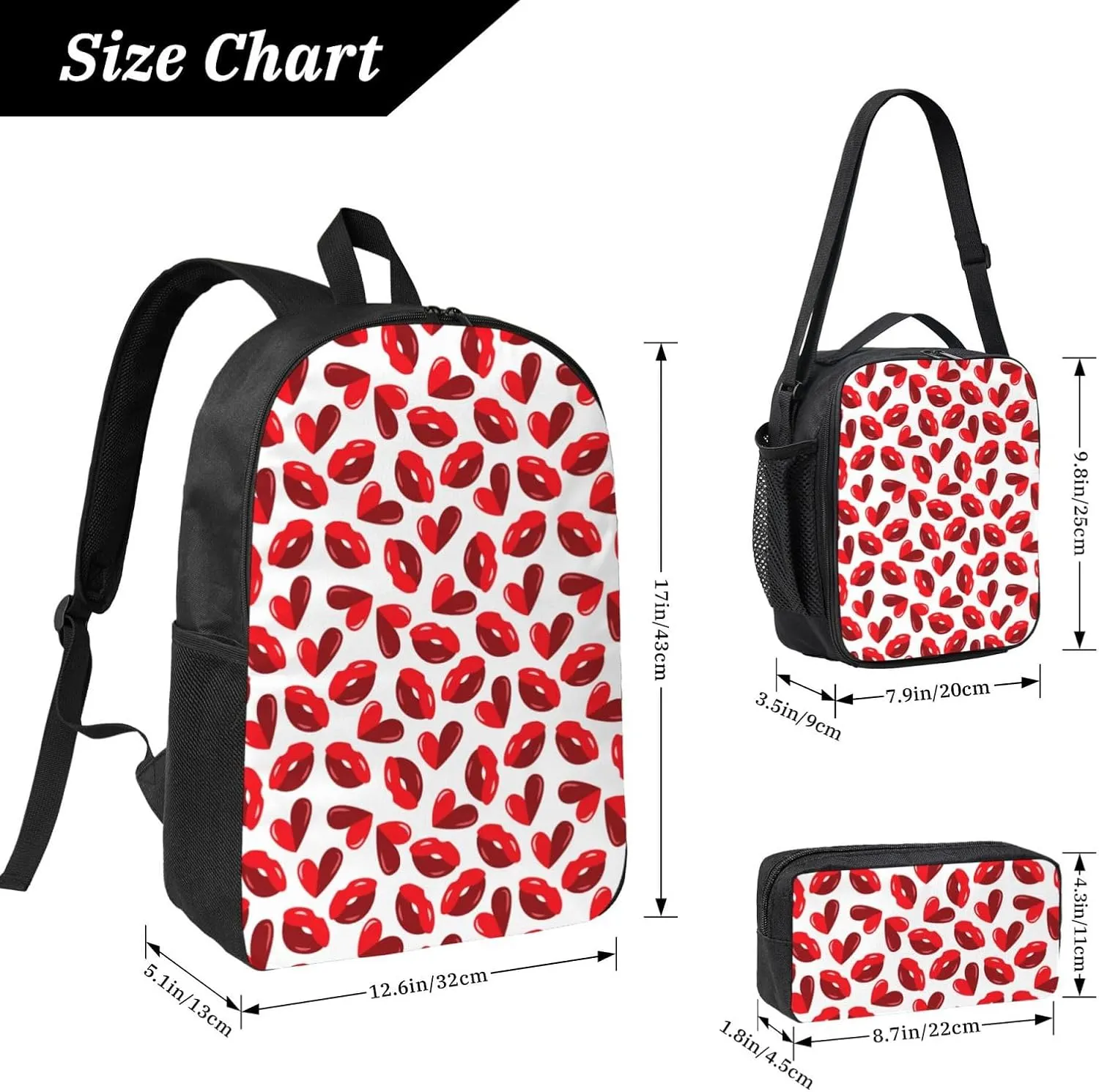 Valentine's Day Lips Hearts Backpack Crossbody Lunch Bag Pencil Case 3Pcs Set Lightweight Double Shoulder Bag With Insulated Lunch Box Pen Bags