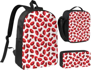 Valentine's Day Lips Hearts Backpack Crossbody Lunch Bag Pencil Case 3Pcs Set Lightweight Double Shoulder Bag With Insulated Lunch Box Pen Bags