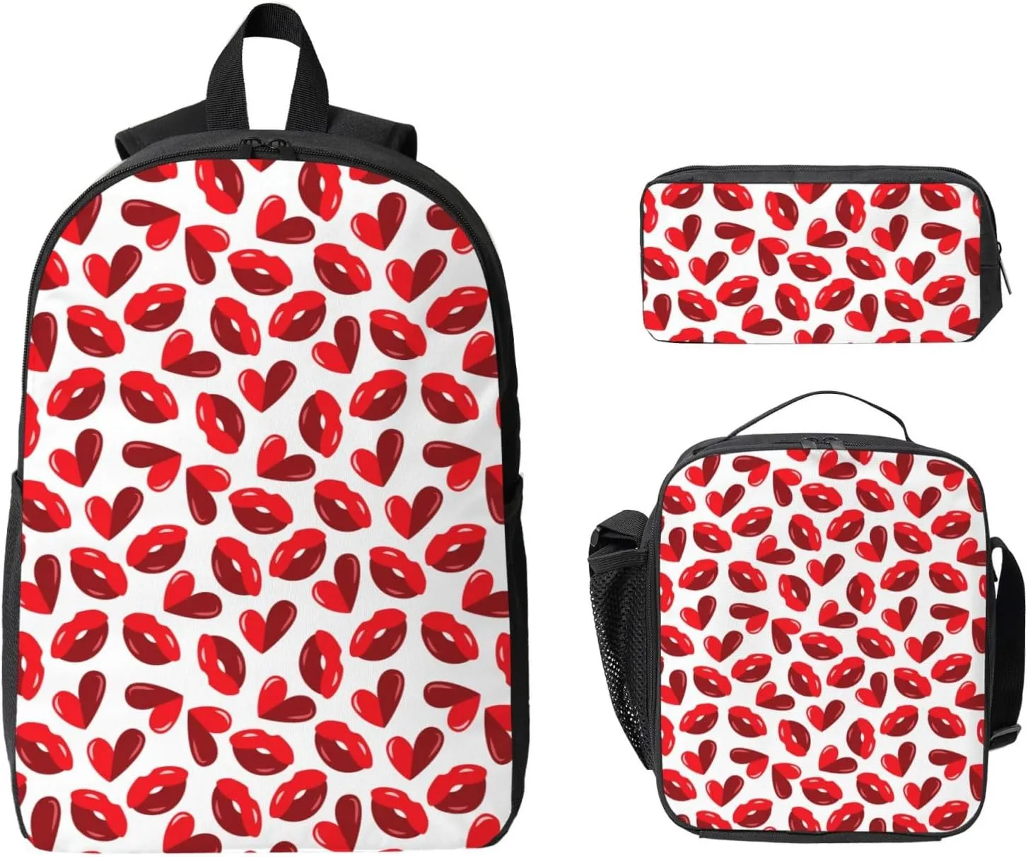 Valentine's Day Lips Hearts Backpack Crossbody Lunch Bag Pencil Case 3Pcs Set Lightweight Double Shoulder Bag With Insulated Lunch Box Pen Bags