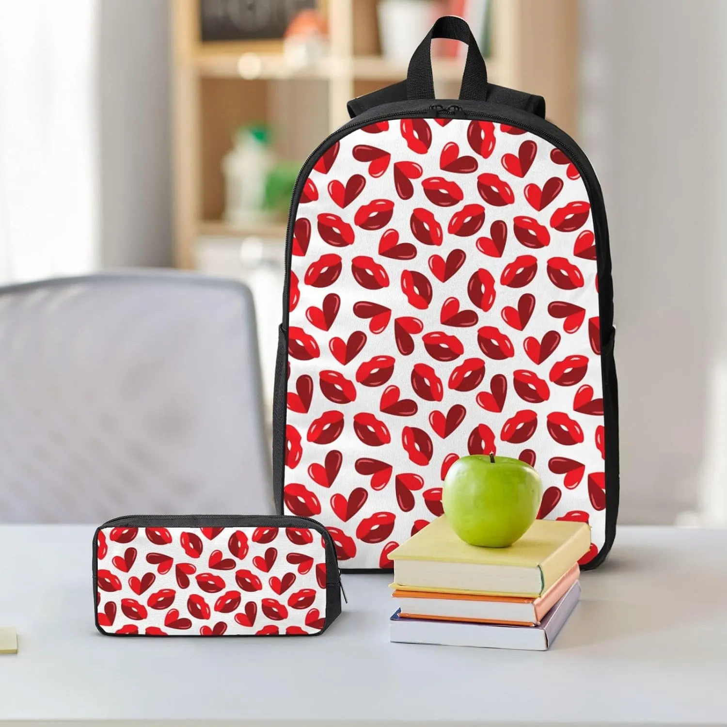 Valentine's Day Lips Hearts Backpack Crossbody Lunch Bag Pencil Case 3Pcs Set Lightweight Double Shoulder Bag With Insulated Lunch Box Pen Bags