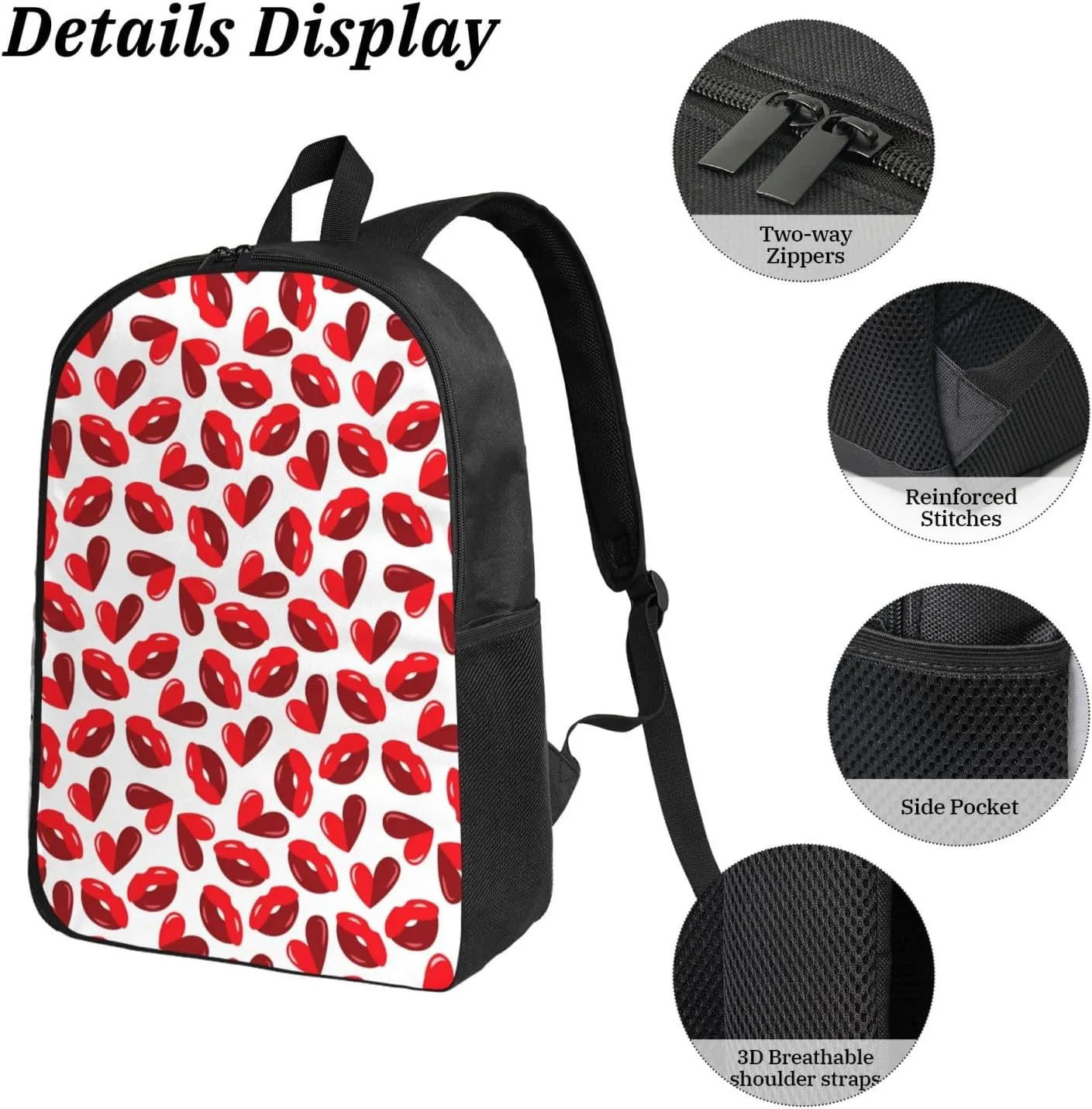 Valentine's Day Lips Hearts Backpack Crossbody Lunch Bag Pencil Case 3Pcs Set Lightweight Double Shoulder Bag With Insulated Lunch Box Pen Bags