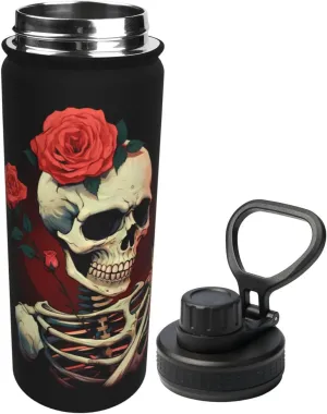 Valentine's Day Skeleton 18 OZ Insulated Stainless Steel Sports Water Bottles with Lid, Skull Love Red Rose Unisex Flask Insulated Water Bottle for Outdoor Sports Fitness Camping