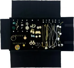 Velvet Travel Jewelry Case Roll Bag for Necklaces Brackets Earrings Rings, Black