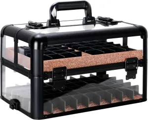 Ver Beauty Professional Armored Clear Acrylic Makeup Nail Tech Case with 2 Sliding Trays and Removable Dividers for Nail Polish Organizer Lockable Portable Travel Cosmetic Display Aluminum Case