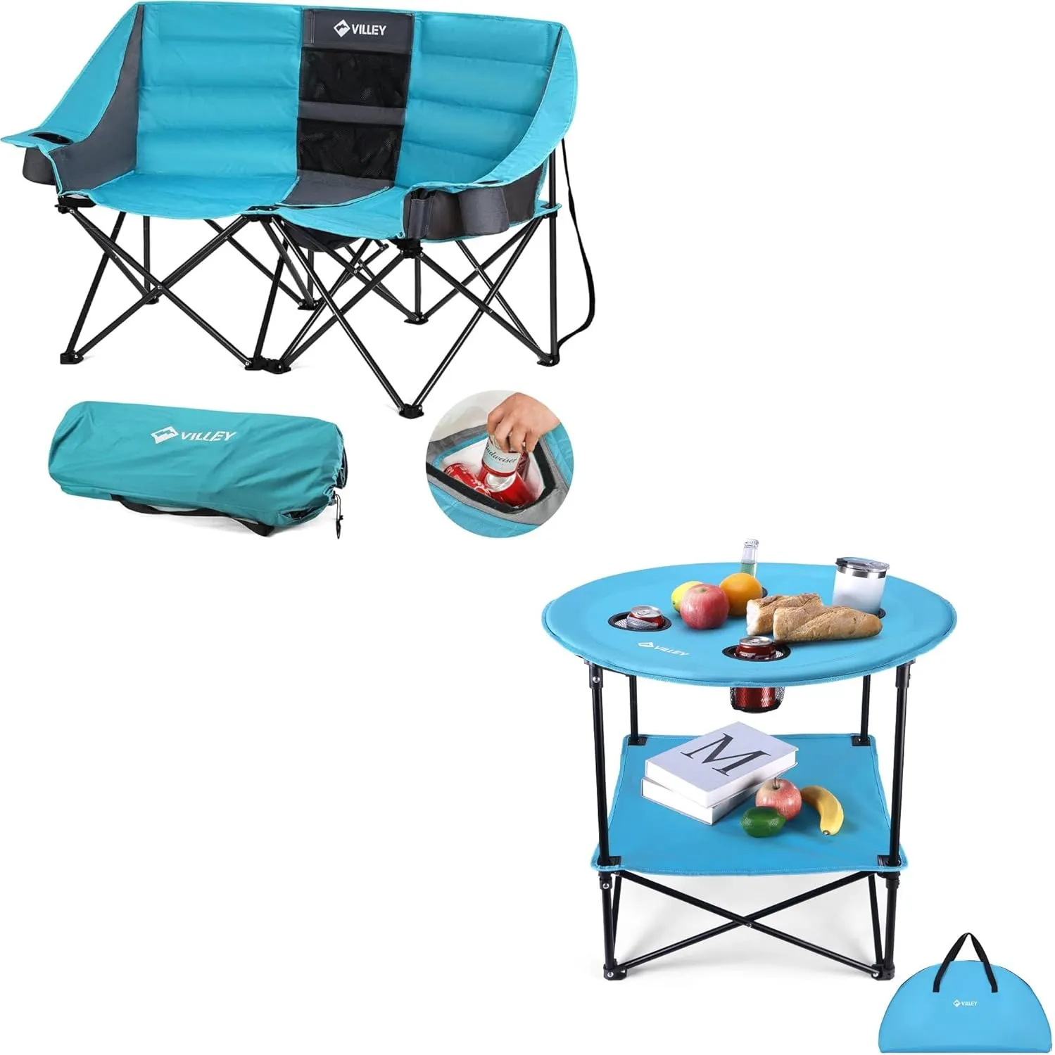 VILLEY Double Camping Chair w/Cooler Bag, Extra Wide Loveseat & Lightweight Double-Layer Round Table with 4 Cup Holders and Carry Bag