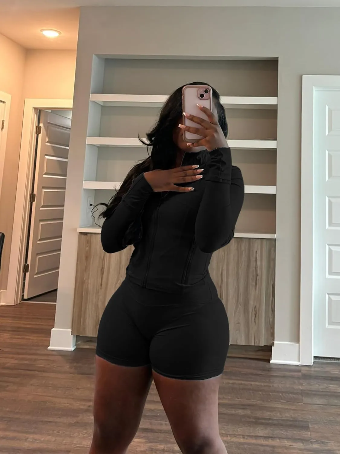 Vssjavun Women 2 Piece Outfits Sweatsuit Sets Long Sleeve Full Zip Workout Jacket Bodycon Shorts Set Tracksuit Loungewear