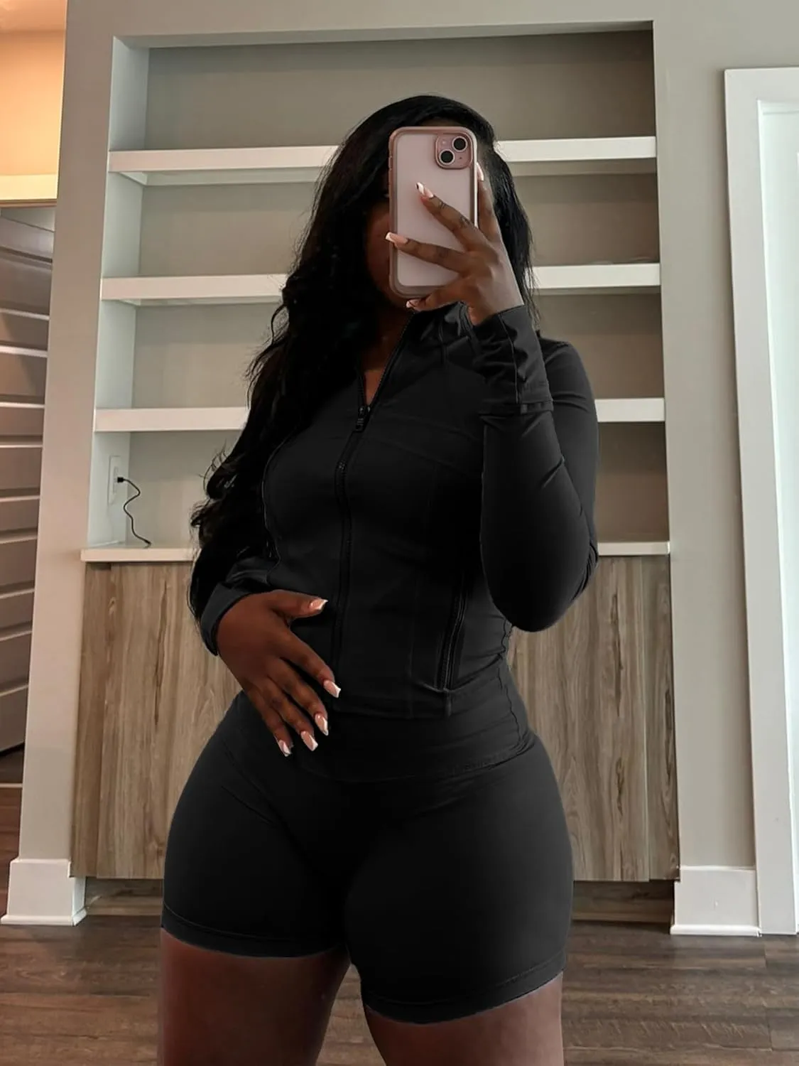 Vssjavun Women 2 Piece Outfits Sweatsuit Sets Long Sleeve Full Zip Workout Jacket Bodycon Shorts Set Tracksuit Loungewear