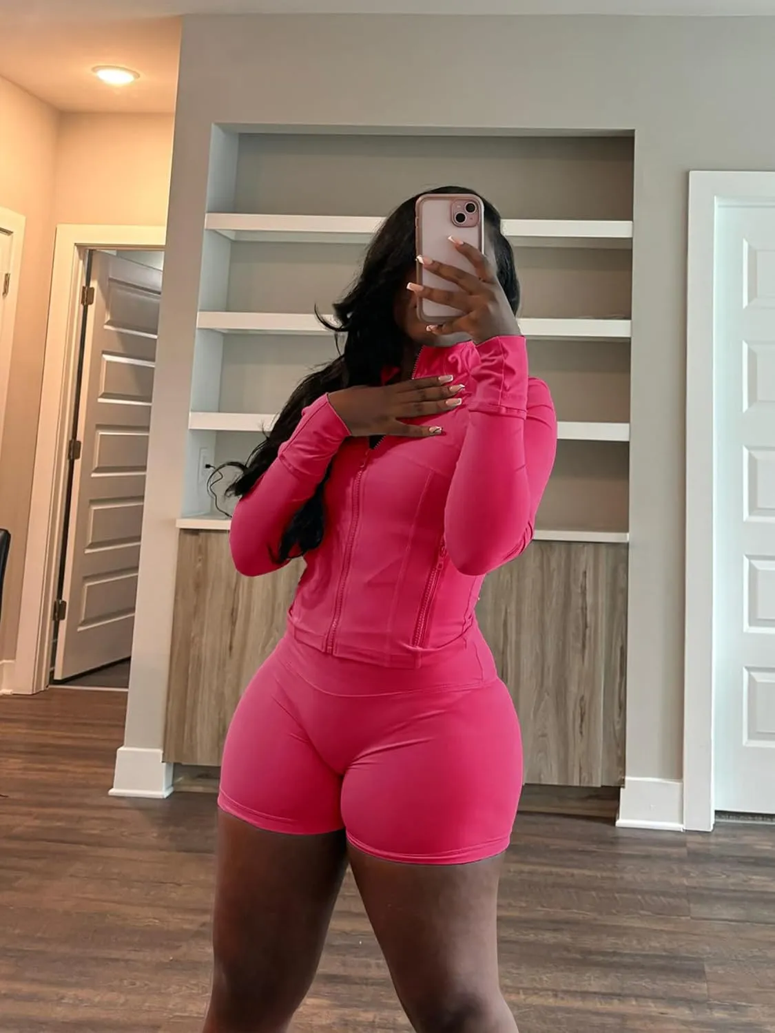 Vssjavun Women 2 Piece Outfits Sweatsuit Sets Long Sleeve Full Zip Workout Jacket Bodycon Shorts Set Tracksuit Loungewear