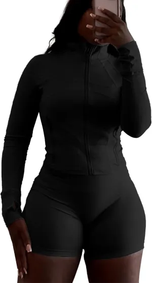 Vssjavun Women 2 Piece Outfits Sweatsuit Sets Long Sleeve Full Zip Workout Jacket Bodycon Shorts Set Tracksuit Loungewear