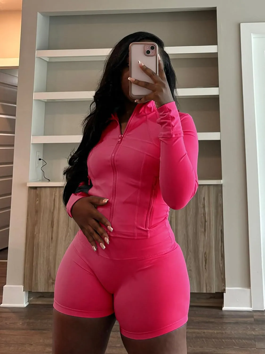 Vssjavun Women 2 Piece Outfits Sweatsuit Sets Long Sleeve Full Zip Workout Jacket Bodycon Shorts Set Tracksuit Loungewear