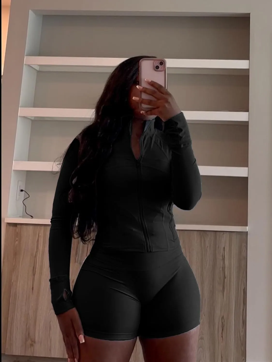 Vssjavun Women 2 Piece Outfits Sweatsuit Sets Long Sleeve Full Zip Workout Jacket Bodycon Shorts Set Tracksuit Loungewear