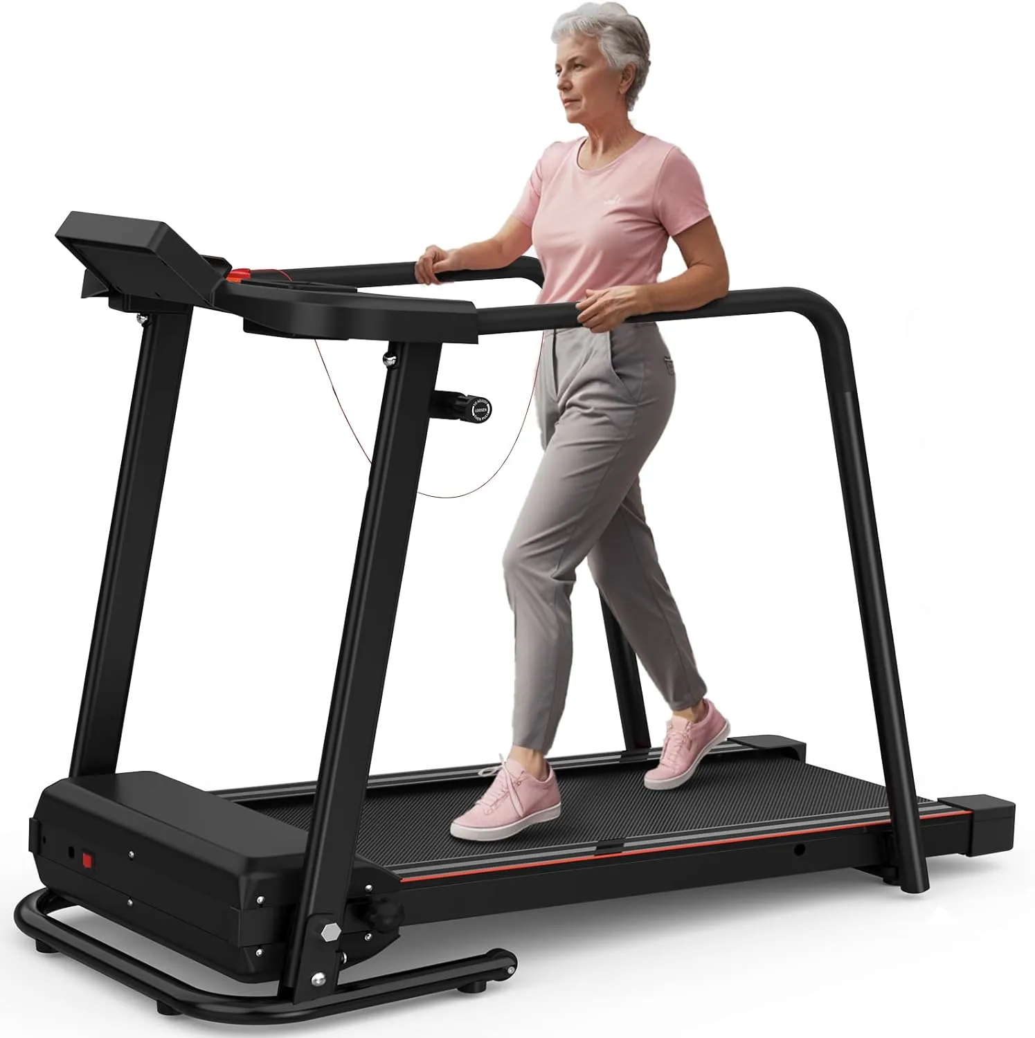 Walking Treadmill for Seniors with Extended Long Handrails for Balance & Safety, Foldable Recovery Fitness Exercise Machine for Home Use, 300 lbs Capacity, LCD Display, APP Control