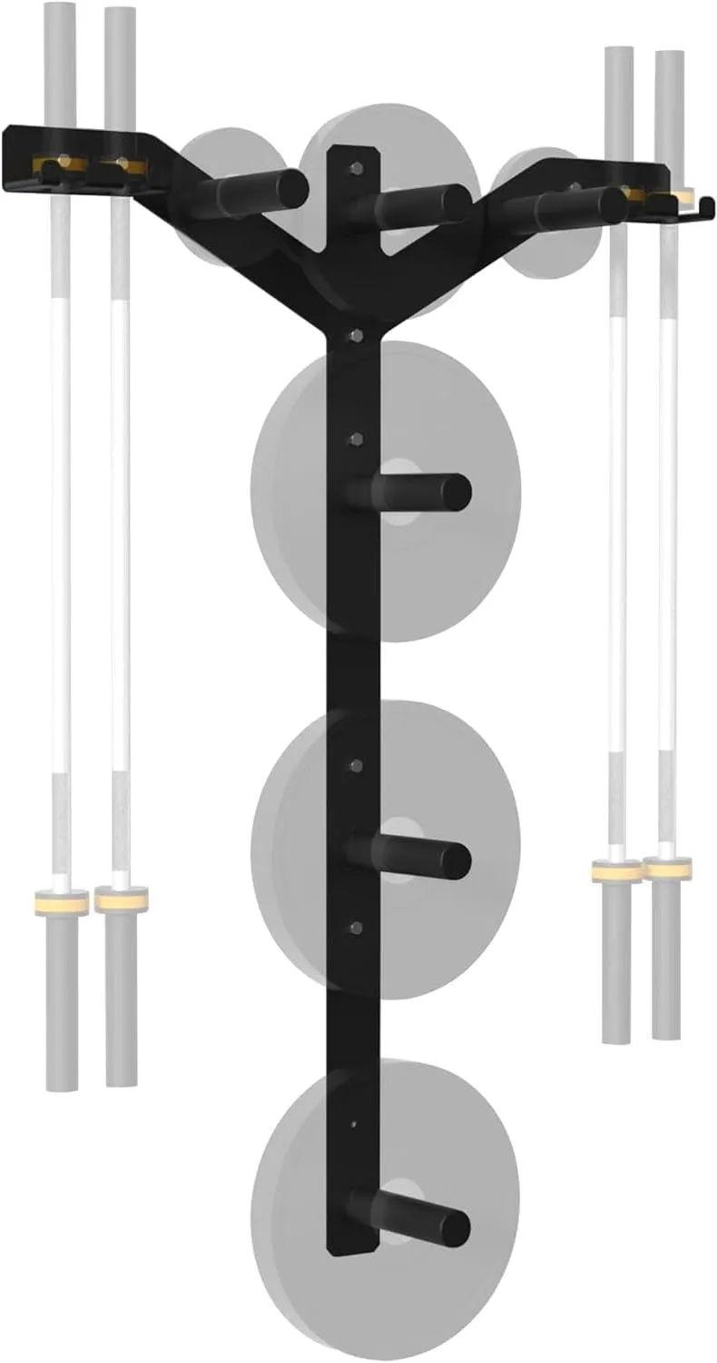 Wall Weight Plate Holder and Barbell Holder, 6 Pegs & 4 Barbell Storage Racks Load Up to 1190 LBS, Wall Mounted Weight Plate Holder, Bumper Plate Storage for Home Gym, Fit 2" Olympic Plates