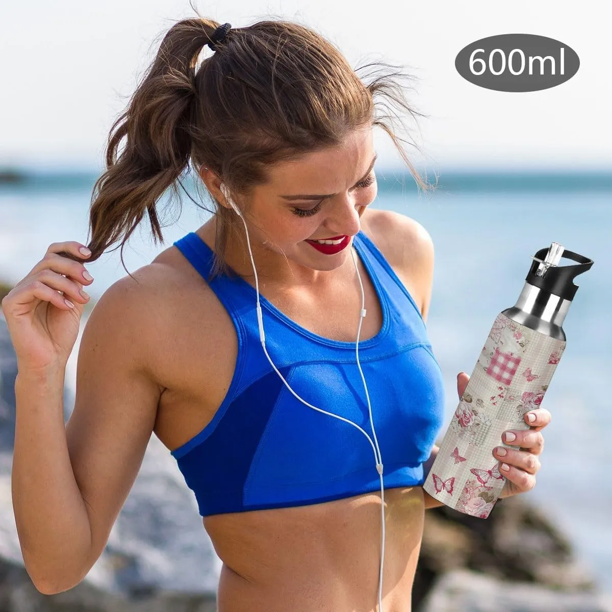 Water Bottle Stainless Steel, Pink Rose Butterfly Grid Insulated Sports Bottle with Straw, BPA Free Reusable Bottles for Fitness, Travel & Outdoor Activities