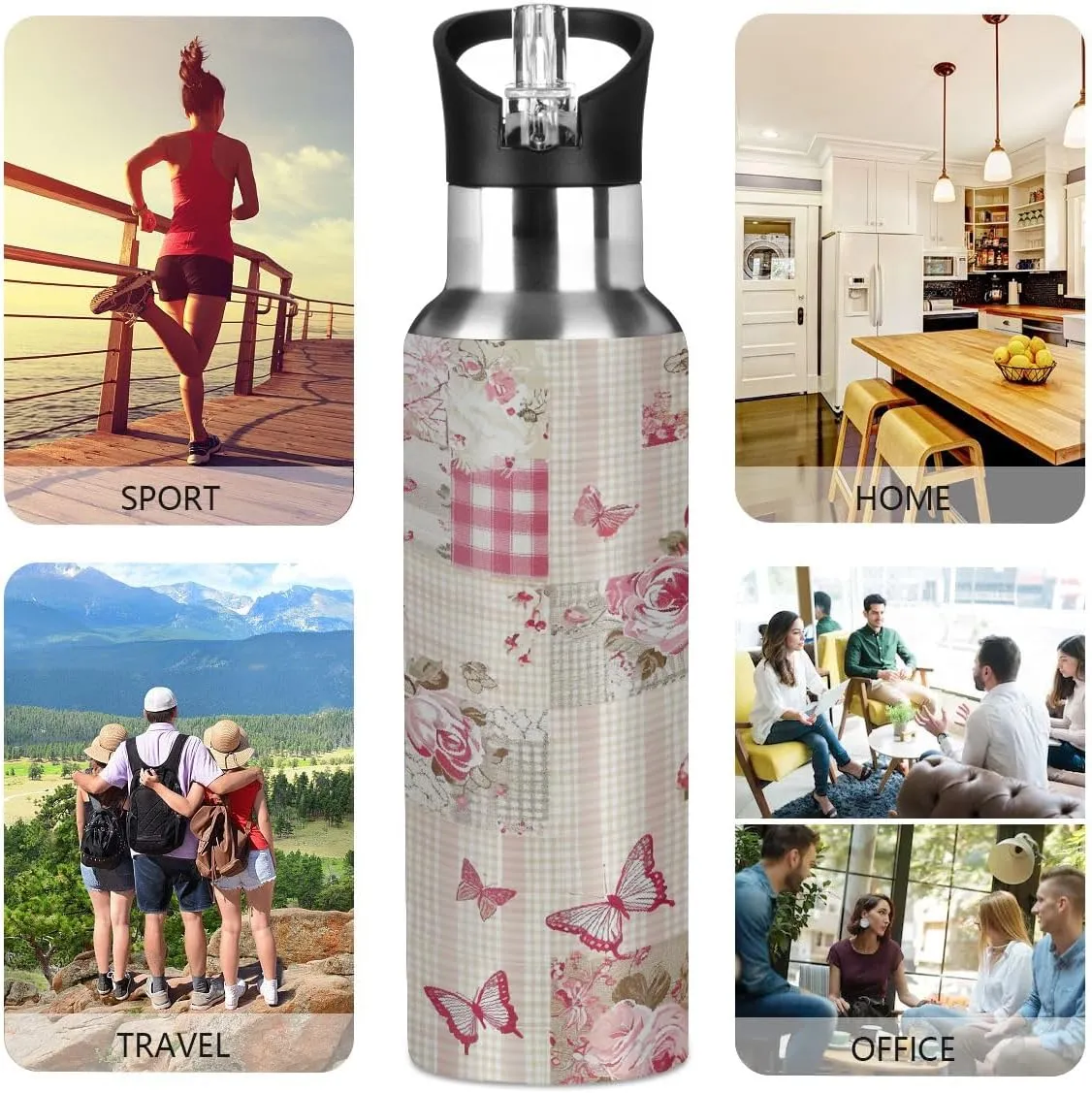 Water Bottle Stainless Steel, Pink Rose Butterfly Grid Insulated Sports Bottle with Straw, BPA Free Reusable Bottles for Fitness, Travel & Outdoor Activities