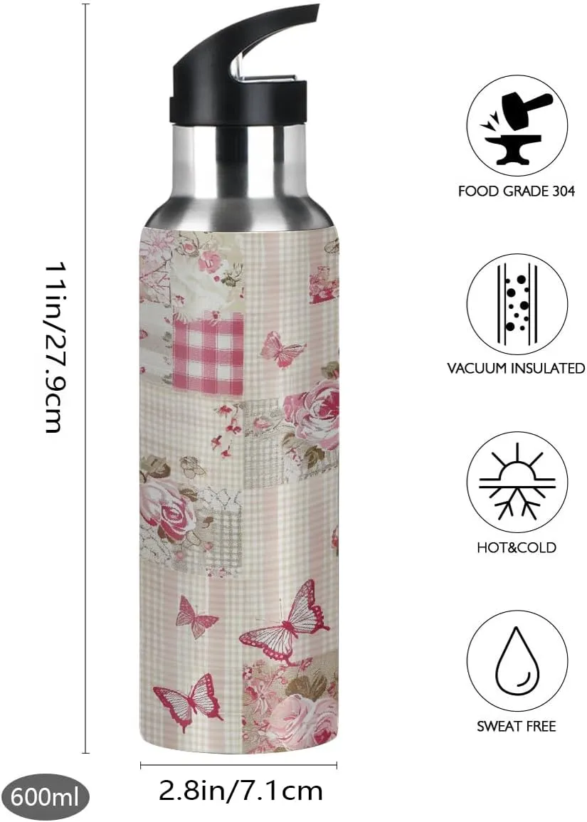 Water Bottle Stainless Steel, Pink Rose Butterfly Grid Insulated Sports Bottle with Straw, BPA Free Reusable Bottles for Fitness, Travel & Outdoor Activities