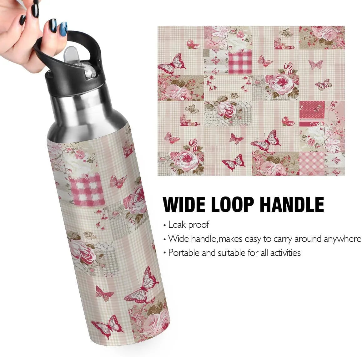 Water Bottle Stainless Steel, Pink Rose Butterfly Grid Insulated Sports Bottle with Straw, BPA Free Reusable Bottles for Fitness, Travel & Outdoor Activities