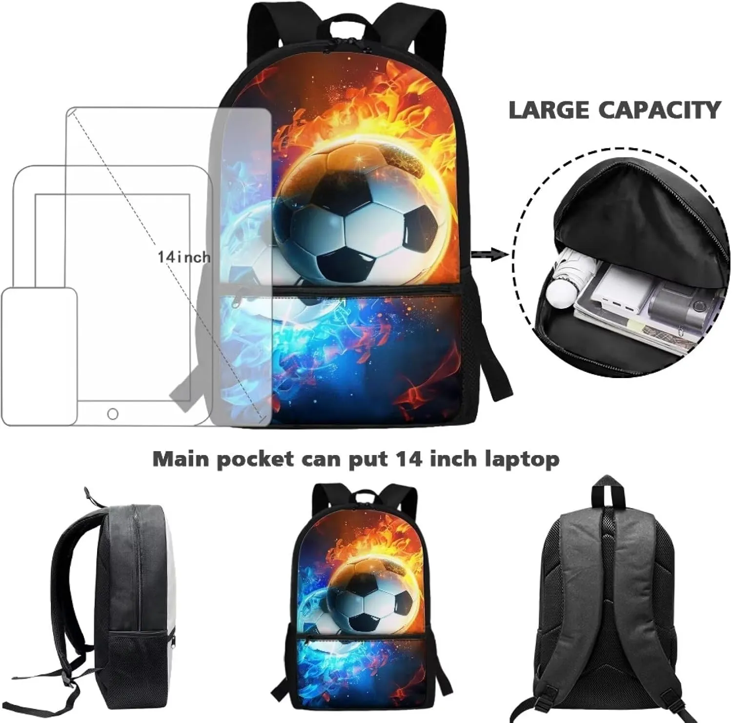 Water Flame Football School Bags for Boys 7-10 Bookbag Elementary Middle School Backpack With Water Bottle Holder Soccer Schoolbag Kids Book Bag 3Rd/6Th Grade Shoulder Bags Blue