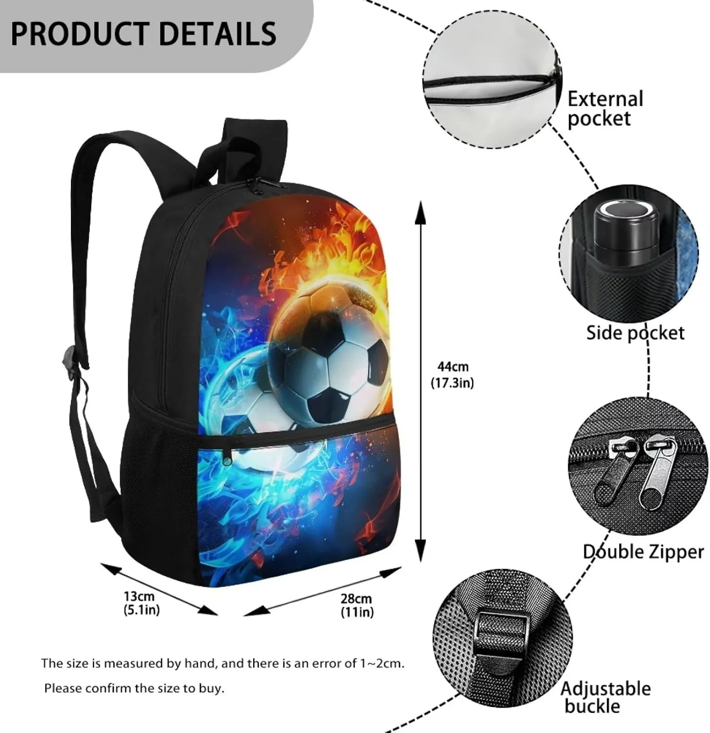Water Flame Football School Bags for Boys 7-10 Bookbag Elementary Middle School Backpack With Water Bottle Holder Soccer Schoolbag Kids Book Bag 3Rd/6Th Grade Shoulder Bags Blue