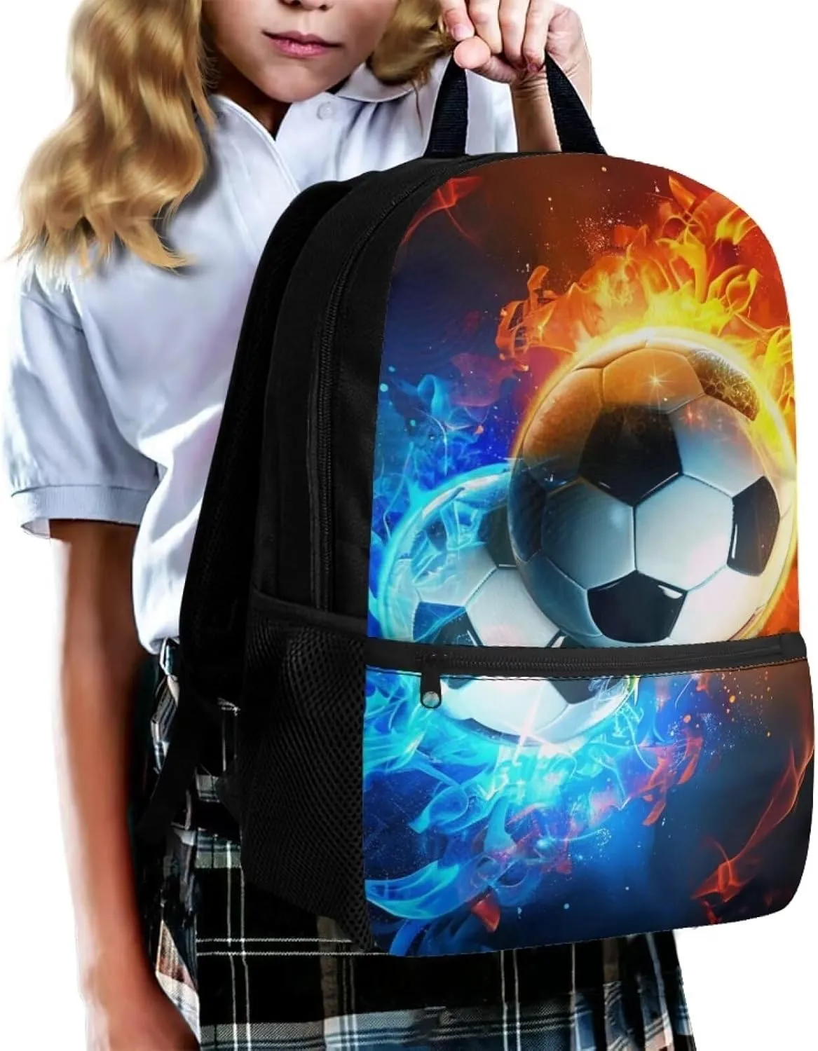Water Flame Football School Bags for Boys 7-10 Bookbag Elementary Middle School Backpack With Water Bottle Holder Soccer Schoolbag Kids Book Bag 3Rd/6Th Grade Shoulder Bags Blue