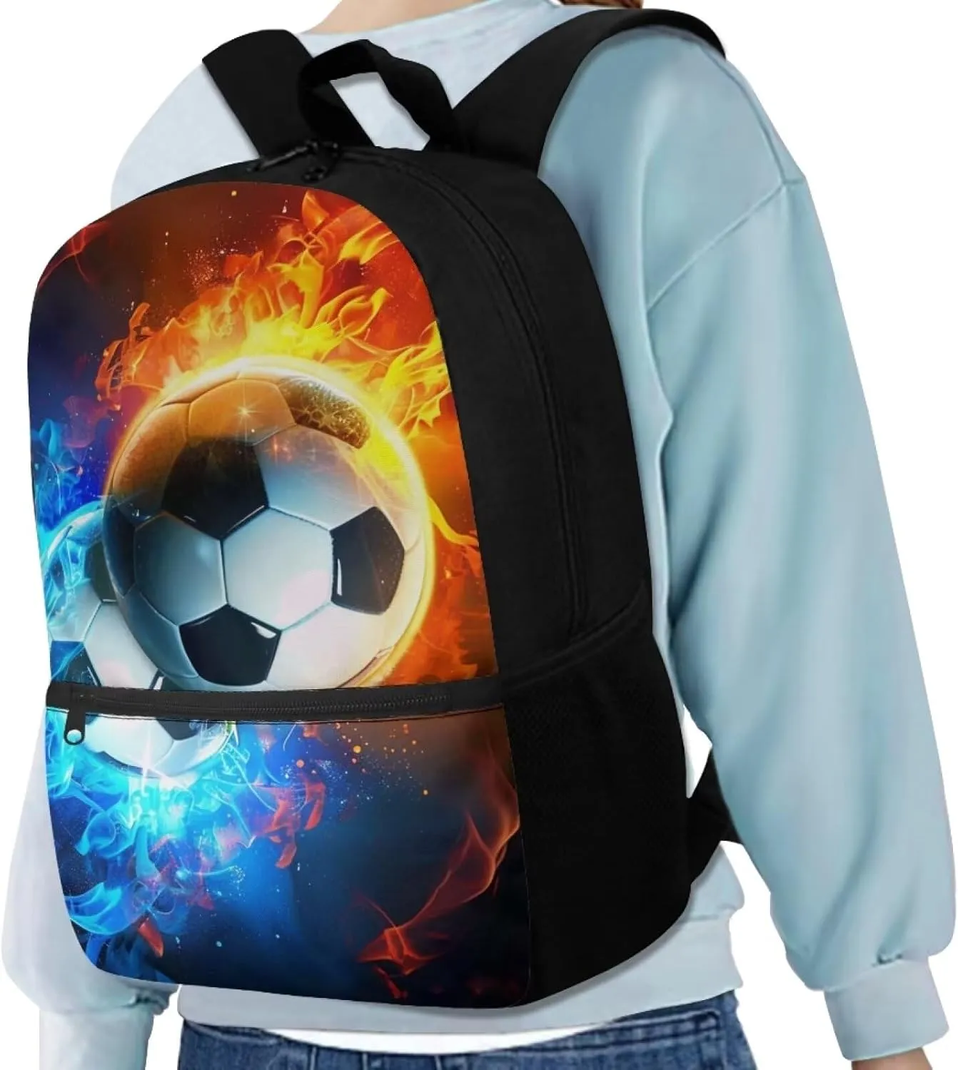Water Flame Football School Bags for Boys 7-10 Bookbag Elementary Middle School Backpack With Water Bottle Holder Soccer Schoolbag Kids Book Bag 3Rd/6Th Grade Shoulder Bags Blue