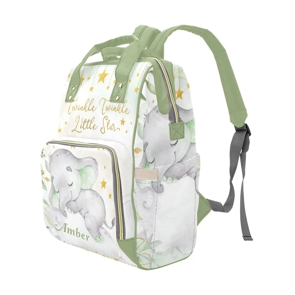 Watercolor Leaf Cute Elephant Diaper Bags Backpack with Name Personalized Baby Bag Nursing Nappy Bag Travel Tote Bag Gifts