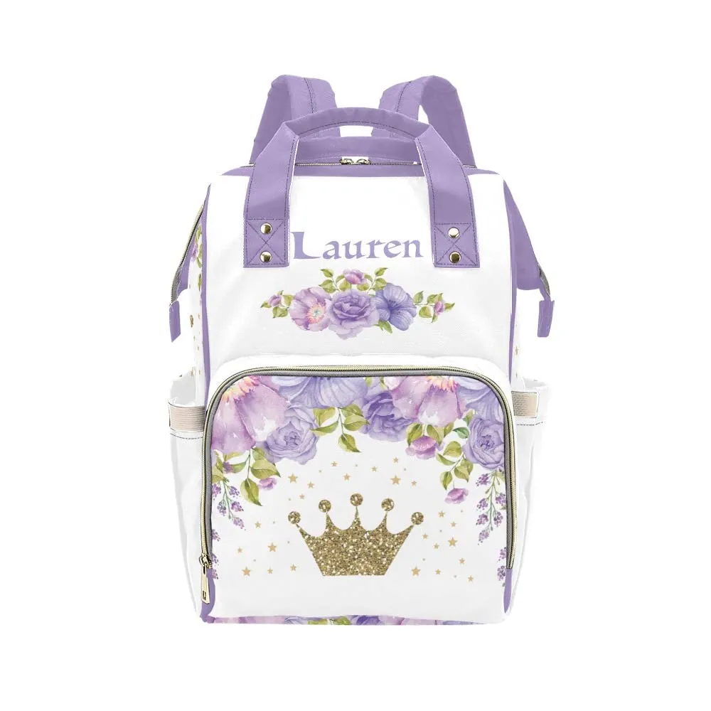 Watercolor Purple Floral Star Diaper Bags Backpack with Name Personalized Baby Bag Nursing Nappy Bag Travel Tote Bag Gifts for Mom 10.83 x 6.69 x 15 Inch