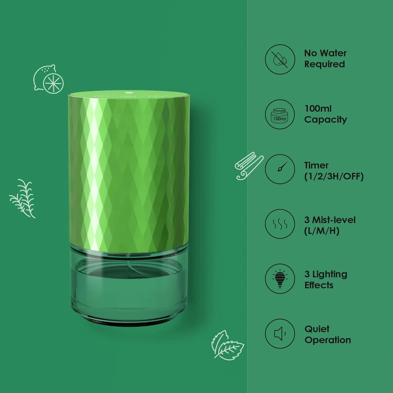 Waterless Diffuser Essential Oil 100mL Capacity Scent Air Machine for Home Aromatherapy Nebulizer Premium Metal Battery Operated 3 Mist Settings Timers Color Light AN3 Lime