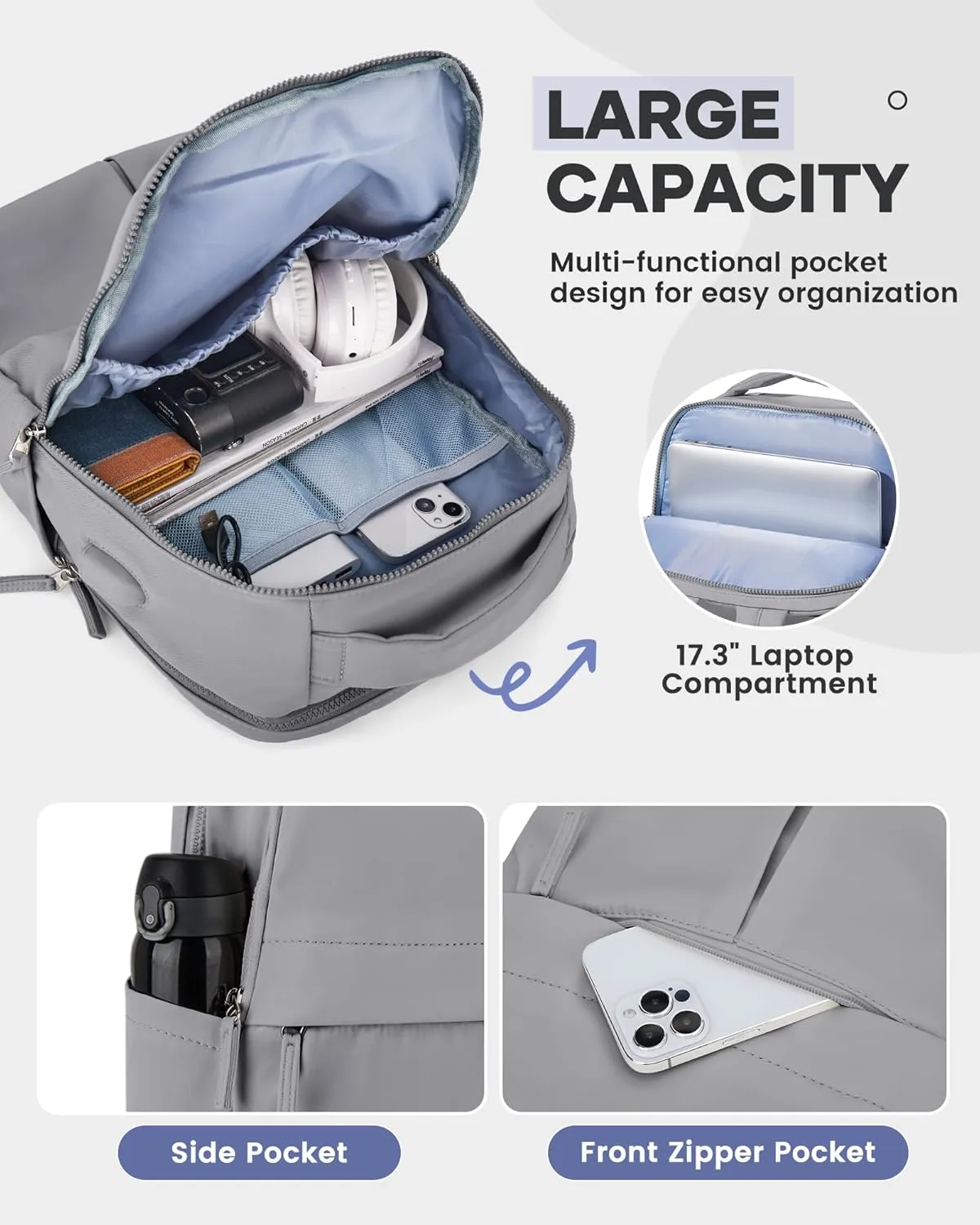 wepadre Laptop Backpack For Women Travel Backpack Carry On Flight Approved Personal Item Travel Bag Gym Backpack For Women Aesthetic College Backpack With Laptop Compartment Grey