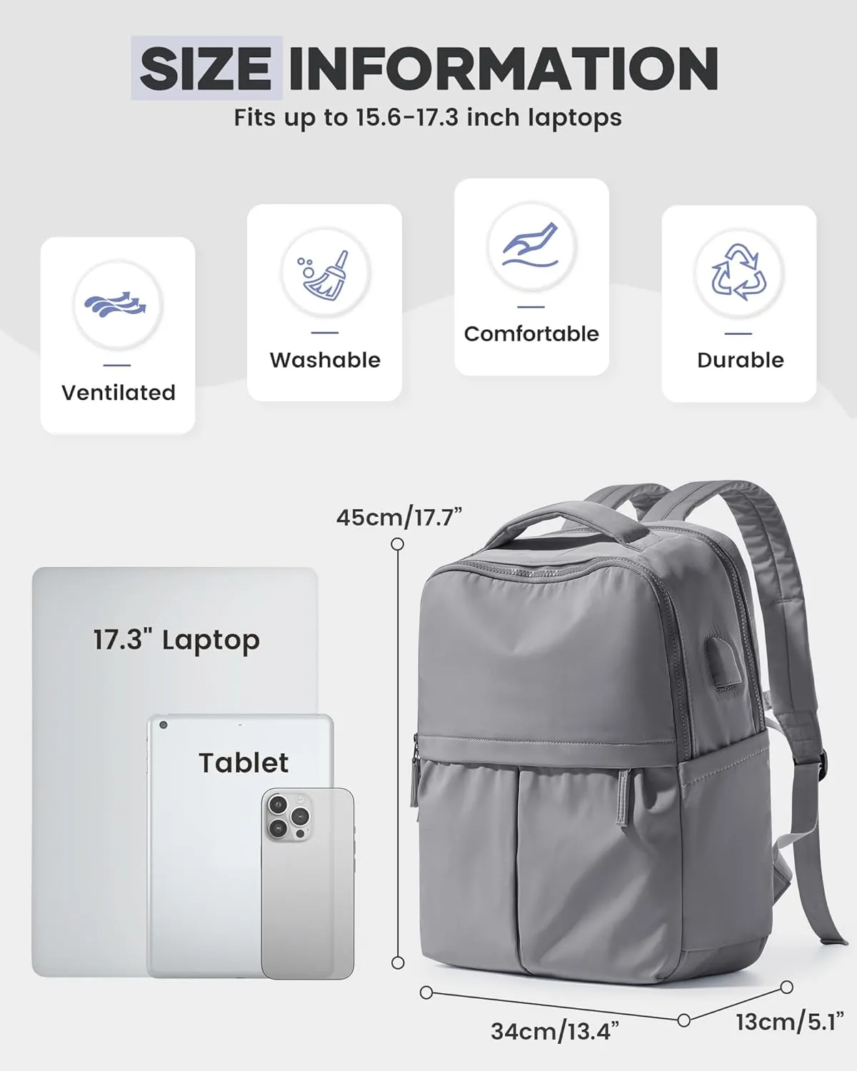 wepadre Laptop Backpack For Women Travel Backpack Carry On Flight Approved Personal Item Travel Bag Gym Backpack For Women Aesthetic College Backpack With Laptop Compartment Grey