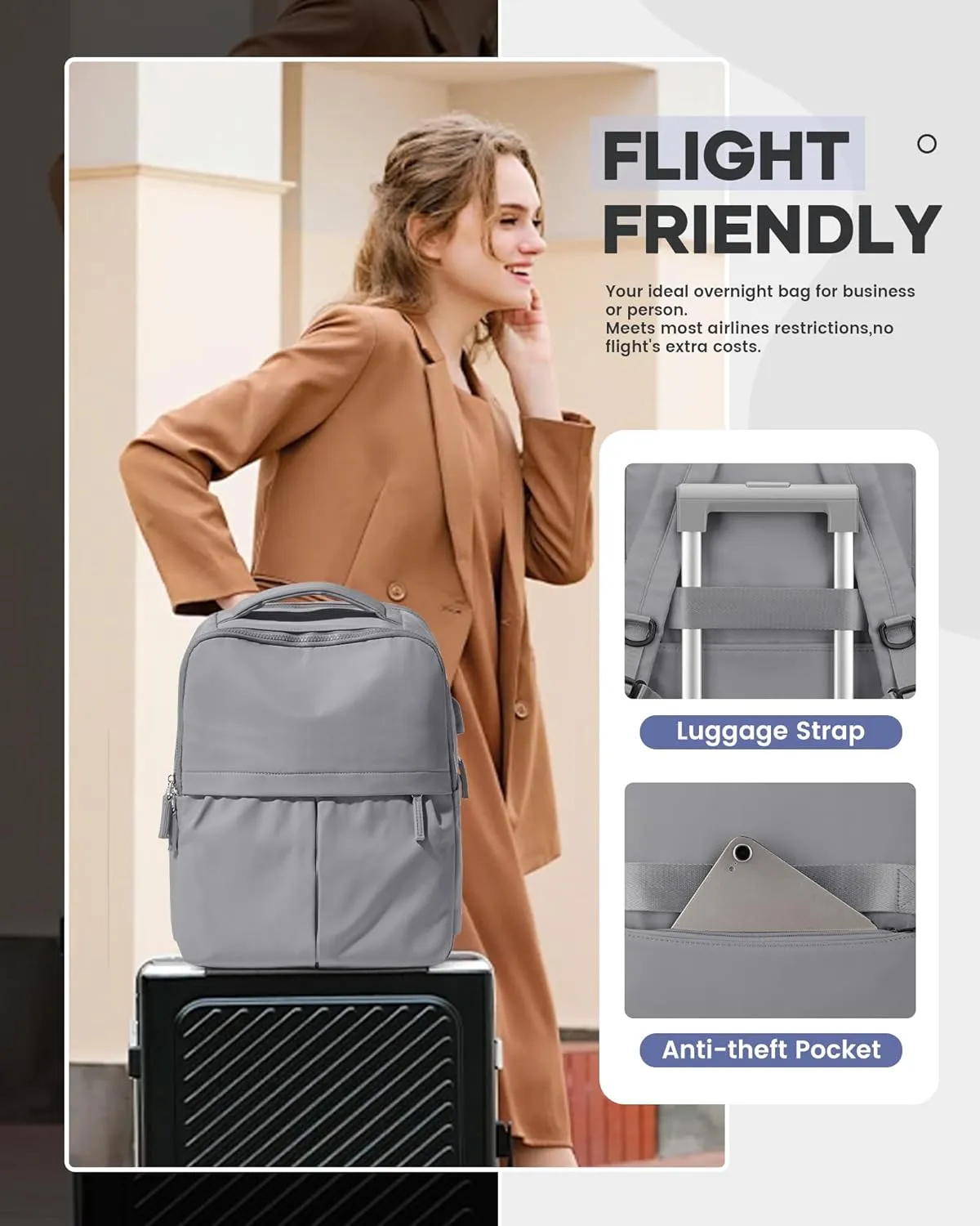 wepadre Laptop Backpack For Women Travel Backpack Carry On Flight Approved Personal Item Travel Bag Gym Backpack For Women Aesthetic College Backpack With Laptop Compartment Grey