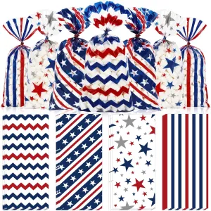 Whaline 160Pcs Patriotic Cellophane Treat Bags Star Wave Stripe Clear Plastic Candy Treat Cello Bags Boys Birthday Party Goodie Gift Bags with Twist Ties for Veterans Memorial Day Party
