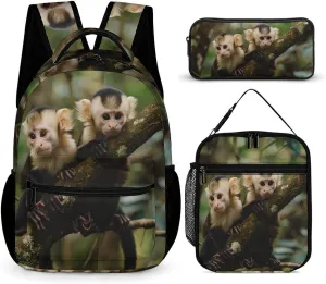 White Faced Capuchin Monkeys 3 Pcs Backpacks Set Combination 16“ Travel Backpack Portable Lunch Bag Pencil Case for Unisex