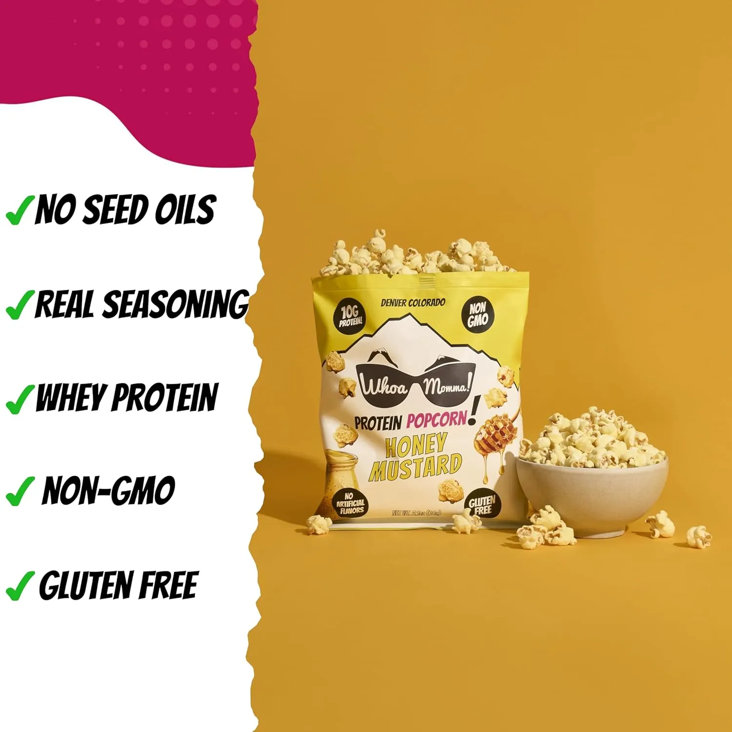 Whoa Momma! Protein Popcorn (10g Protein) Honey Mustard, 3-Pack of 2.1oz Bags – High Protein, Gluten Free Popcorn – No Seed Oils, Low Calorie Healthy Snack for Adults