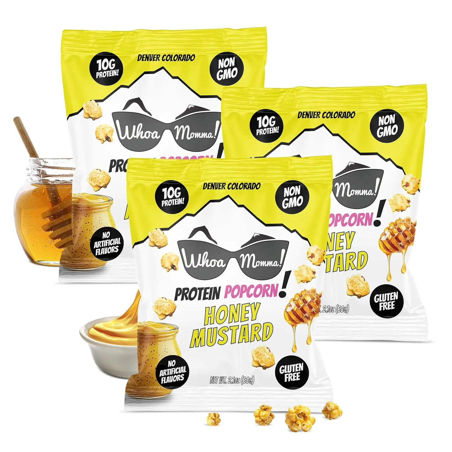 Whoa Momma! Protein Popcorn (10g Protein) Honey Mustard, 3-Pack of 2.1oz Bags – High Protein, Gluten Free Popcorn – No Seed Oils, Low Calorie Healthy Snack for Adults