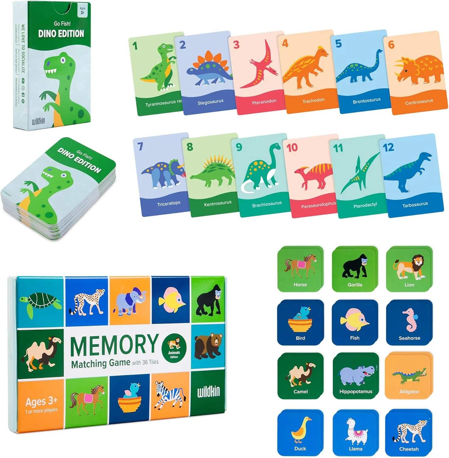 Wildkin Go Fish! Dino Game Cards and Memory Matching Game Animals Edition (36 pc) Learning Bundle: Fun Educational Games for Kids