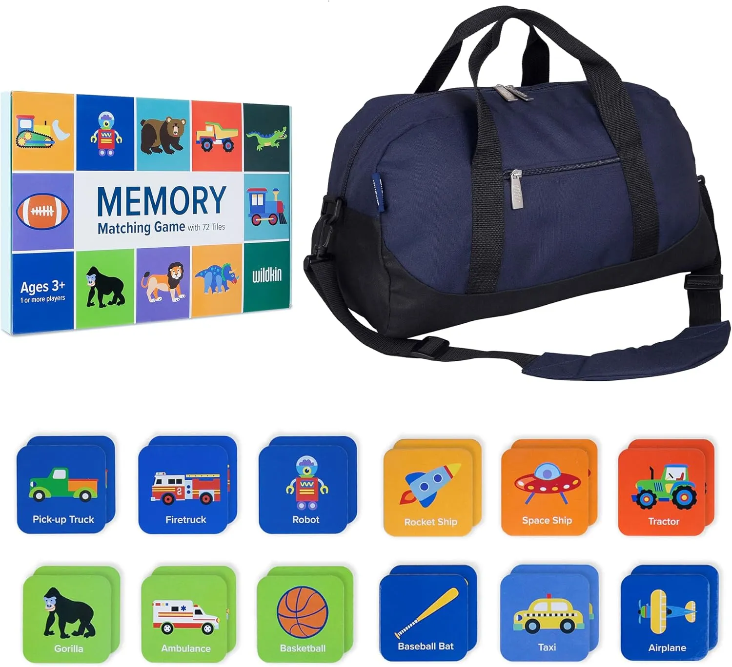 Wildkin Overnighter Duffel Bag and Boys Memory Matching Game (72 pc) Bundle: Unleash Mindful Adventures - Pack and Play for Boundless Fun (Whale Blue)