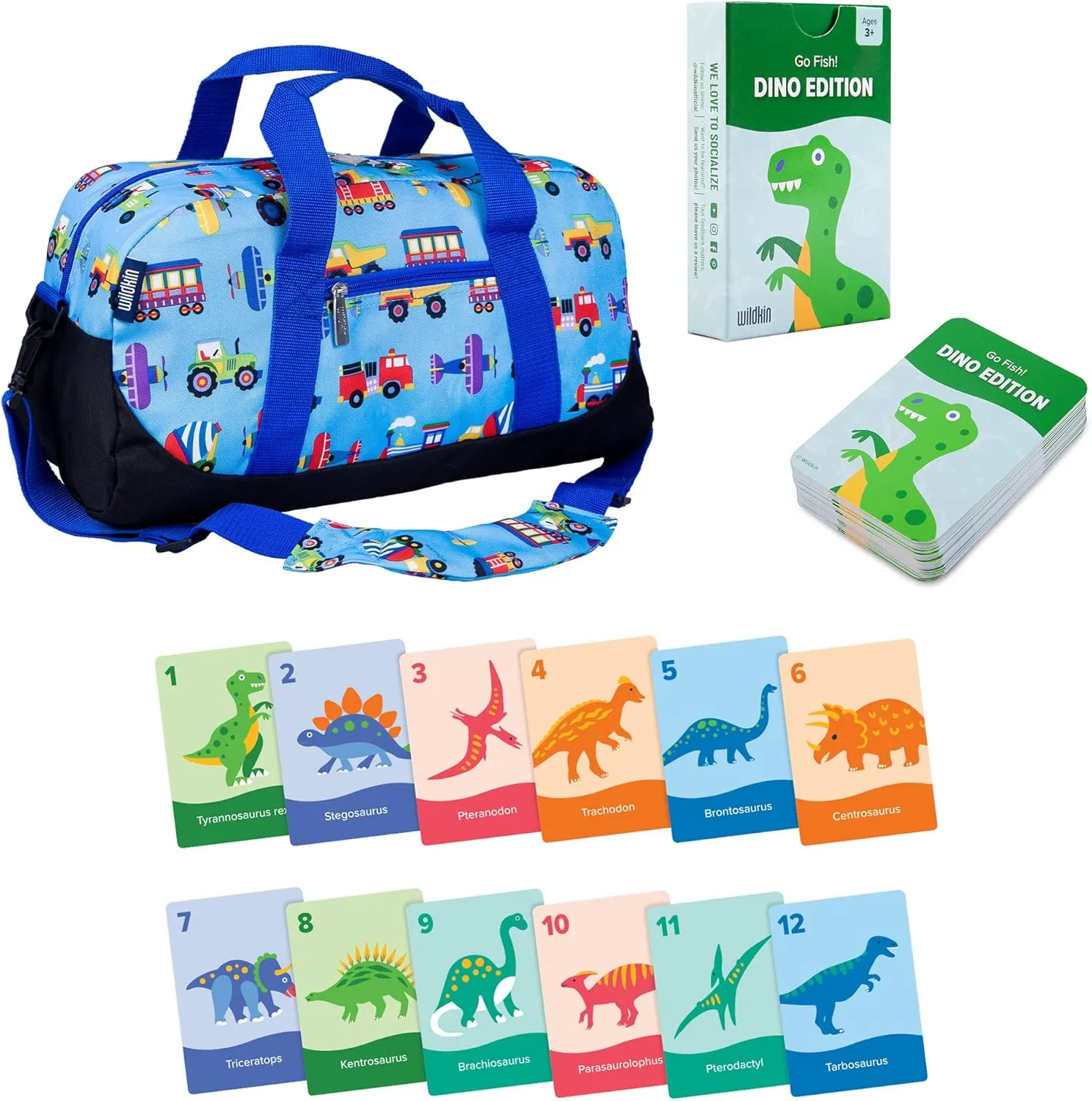 Wildkin Overnighter Duffel Bag and Go Fish! Card Game Bundle: Dive into Fun - Playful Adventures Packed and Ready to Go (Trains, Planes & Trucks)