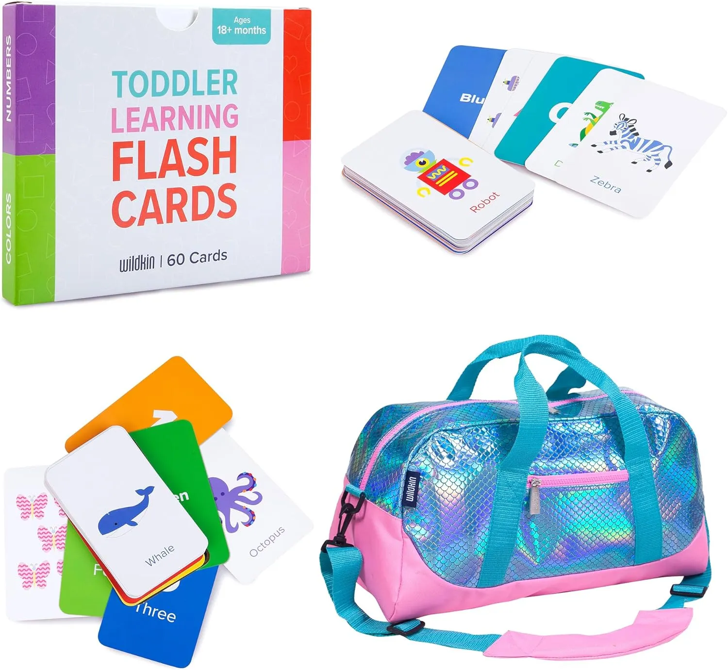 Wildkin Overnighter Duffel Bag and Learning Flash Cards Bundle: Fun Playtime Duo - Ignite Knowledge and Carry Comfort in One (Mermaid Scales)