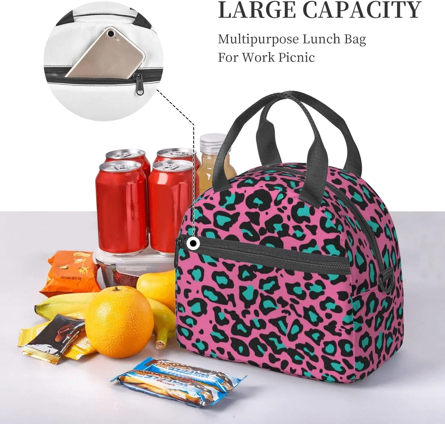 Winter Sports Pattern,Insulated Reusable Lunch Bag with Adjustable Shoulder Strap for Adults,Skier Skiing Downhill in High Mountains,Leakproof Office Picnic Hiking Beach Tote Bag,White,9x5x7.8in