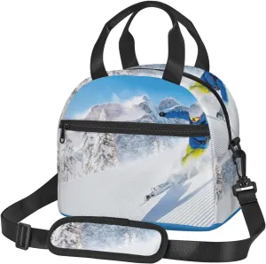 Winter Sports Pattern,Insulated Reusable Lunch Bag with Adjustable Shoulder Strap for Adults,Skier Skiing Downhill in High Mountains,Leakproof Office Picnic Hiking Beach Tote Bag,White,9x5x7.8in
