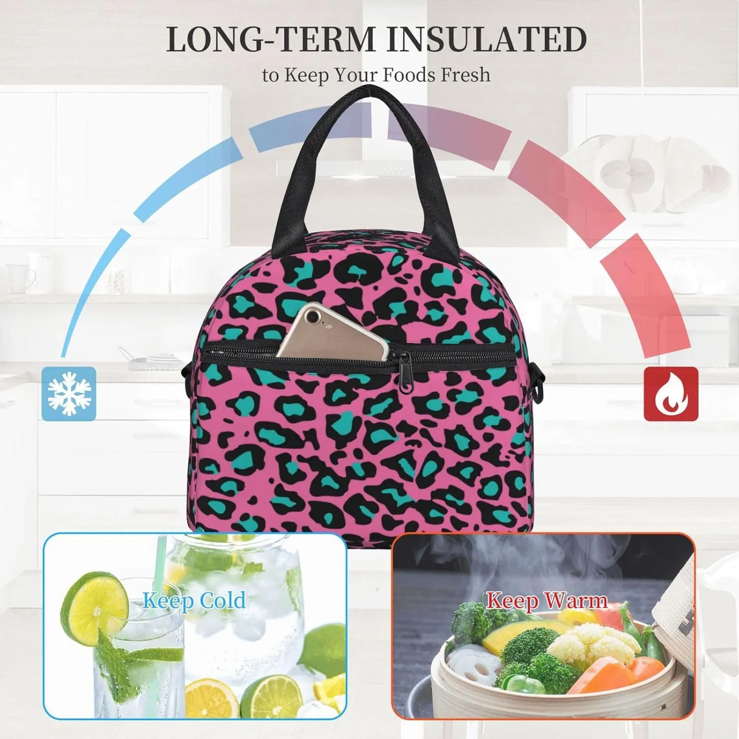 Winter Sports Pattern,Insulated Reusable Lunch Bag with Adjustable Shoulder Strap for Adults,Skier Skiing Downhill in High Mountains,Leakproof Office Picnic Hiking Beach Tote Bag,White,9x5x7.8in
