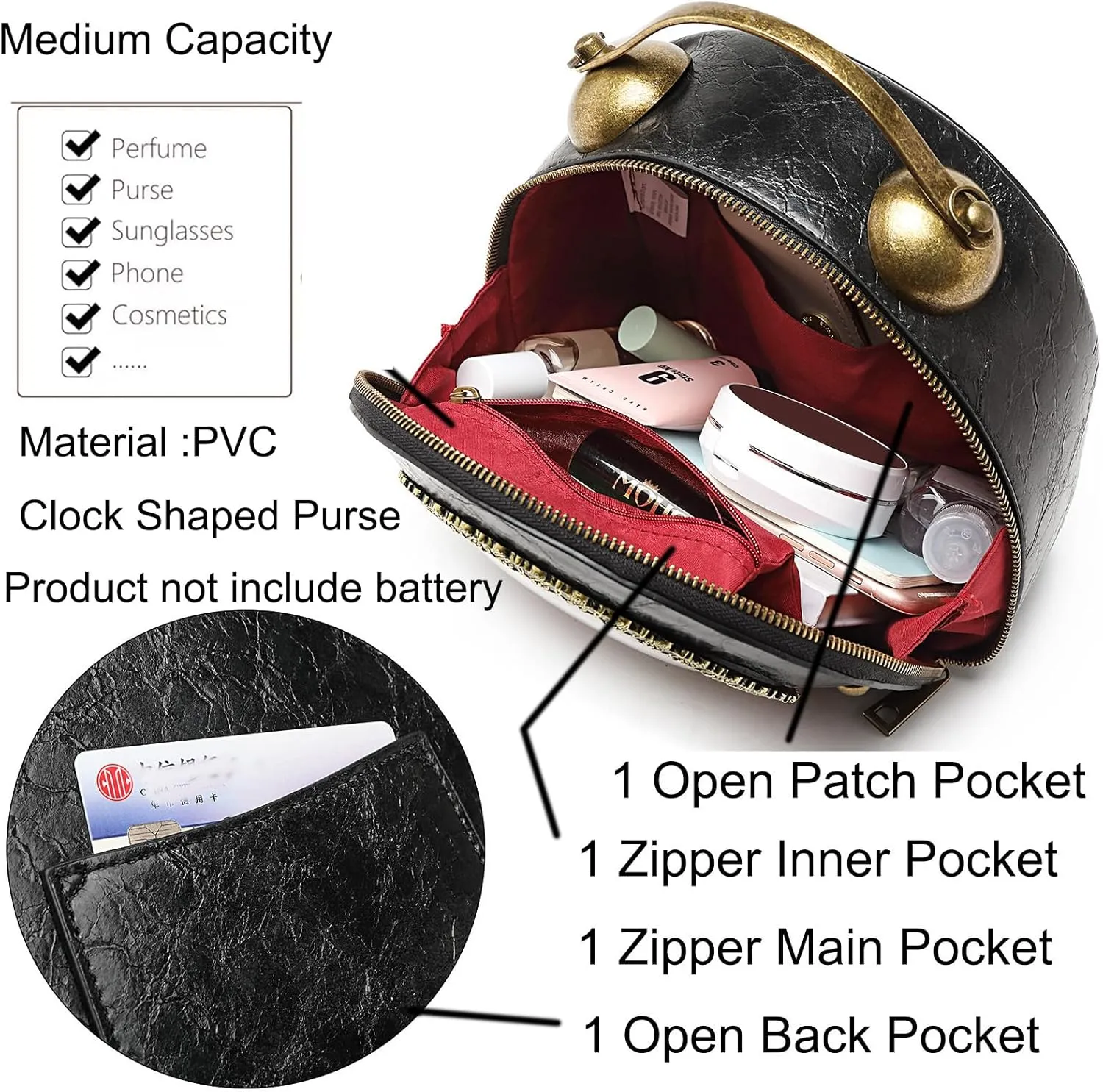 Women Classic Retro Clock Shaped Crossbody Shoulder Bag Handbag PVC Unique Novelty Clock Purse