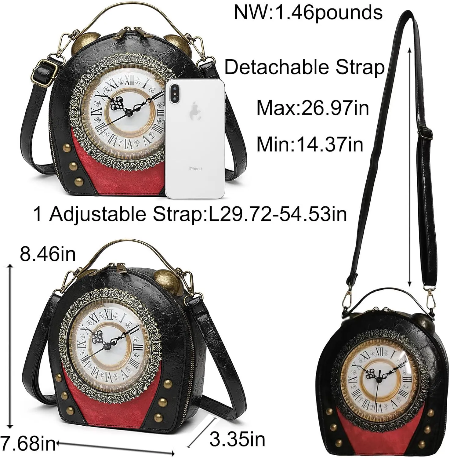 Women Classic Retro Clock Shaped Crossbody Shoulder Bag Handbag PVC Unique Novelty Clock Purse
